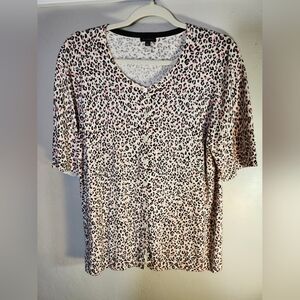 Talbots Blouse Women Animal Print Black Pink Front Button Casual Sz L